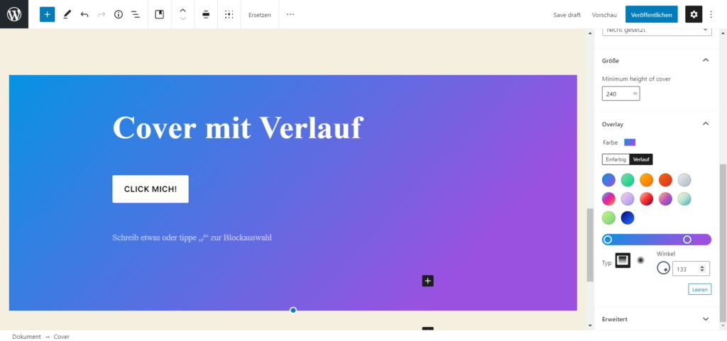 Ein Cover Block mit Farbverlauf in Gutenberg WordPress 5.5