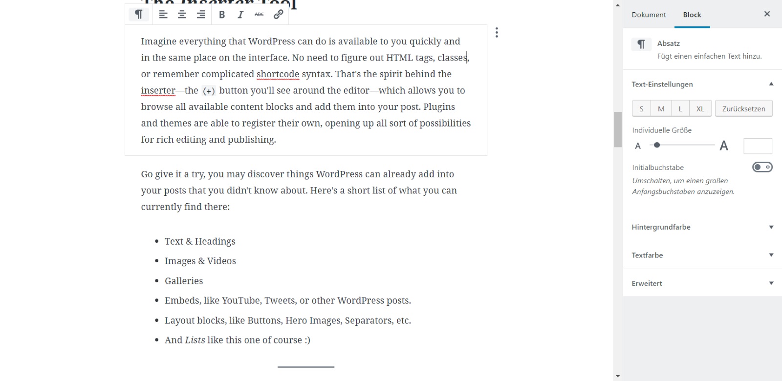 Die Optionen für einen Text-Block - Ein Ausblick auf WordPress 4.9.8 und Gutenberg - wpwissen