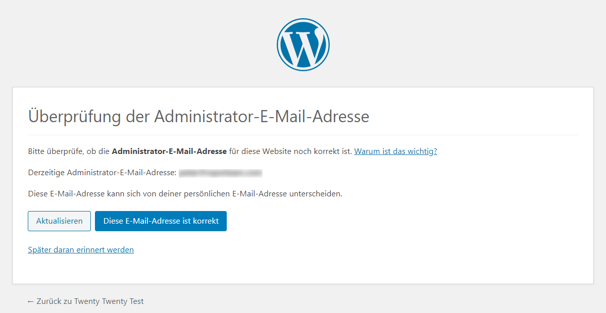 Überprüfung der Mailadresse des Administrators in WordPress 5.3
