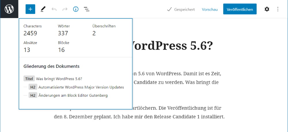 Die Anzahl Zeichen in einem Beitrag in WordPress 5.6